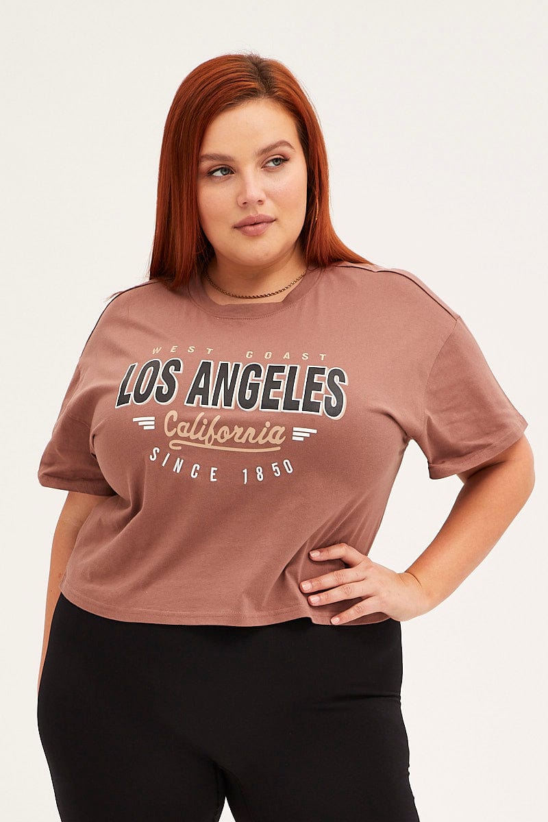 BROWN Cotton T-Shirt Embroidered Los Angeles