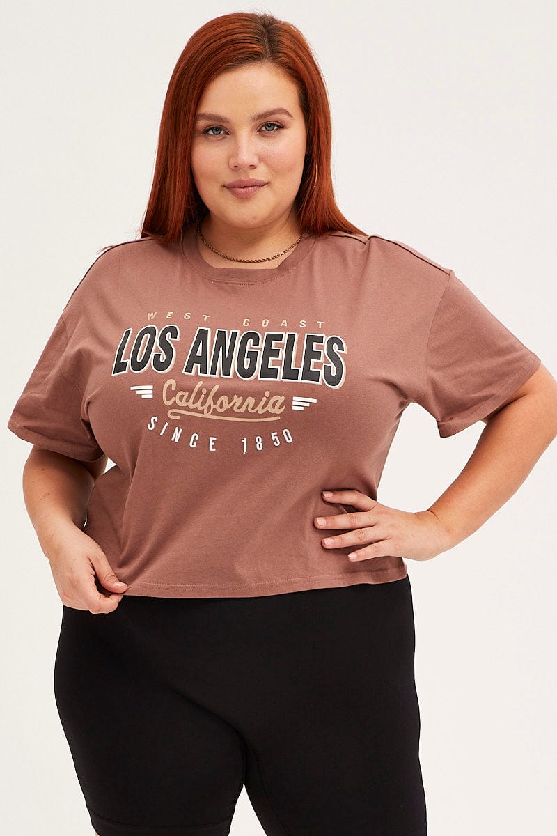 BROWN Cotton T-Shirt Embroidered Los Angeles