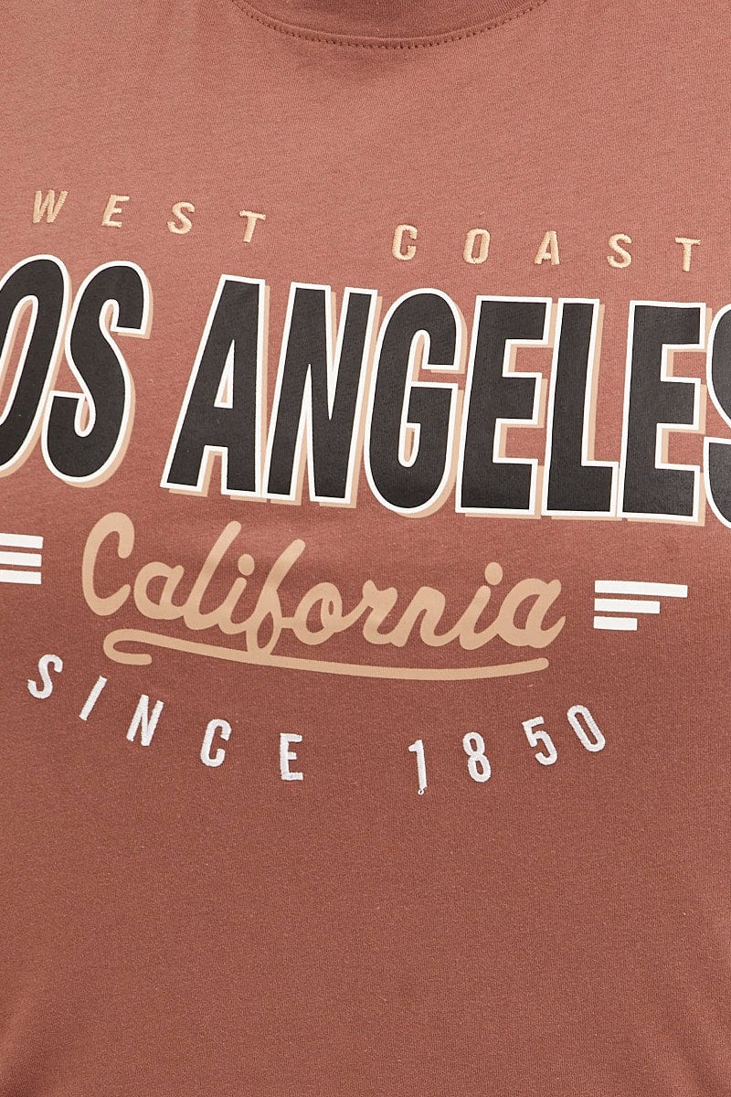 BROWN Cotton T-Shirt Embroidered Los Angeles