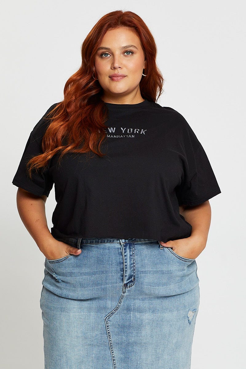 Black Crop T-Shirt New York Embroidered Cotton Semi For Women By You And All