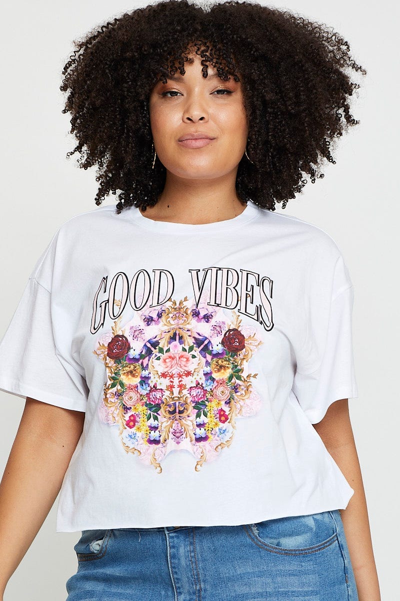 White Crop T-Shirt Good Vibes Short Sleeve Cotton Semi For Women By You And All