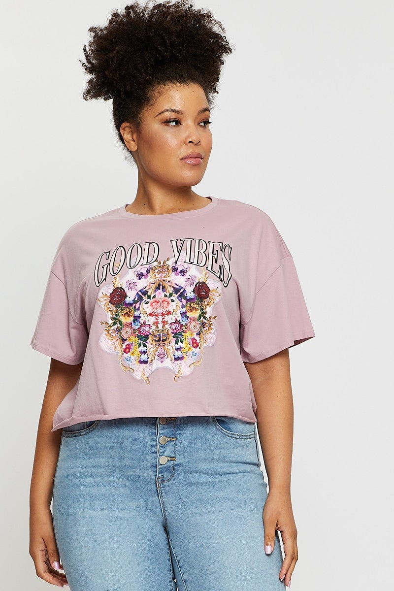 Pink Crop T-Shirt Good Vibes Short Sleeve Cotton Semi For Women By You And All
