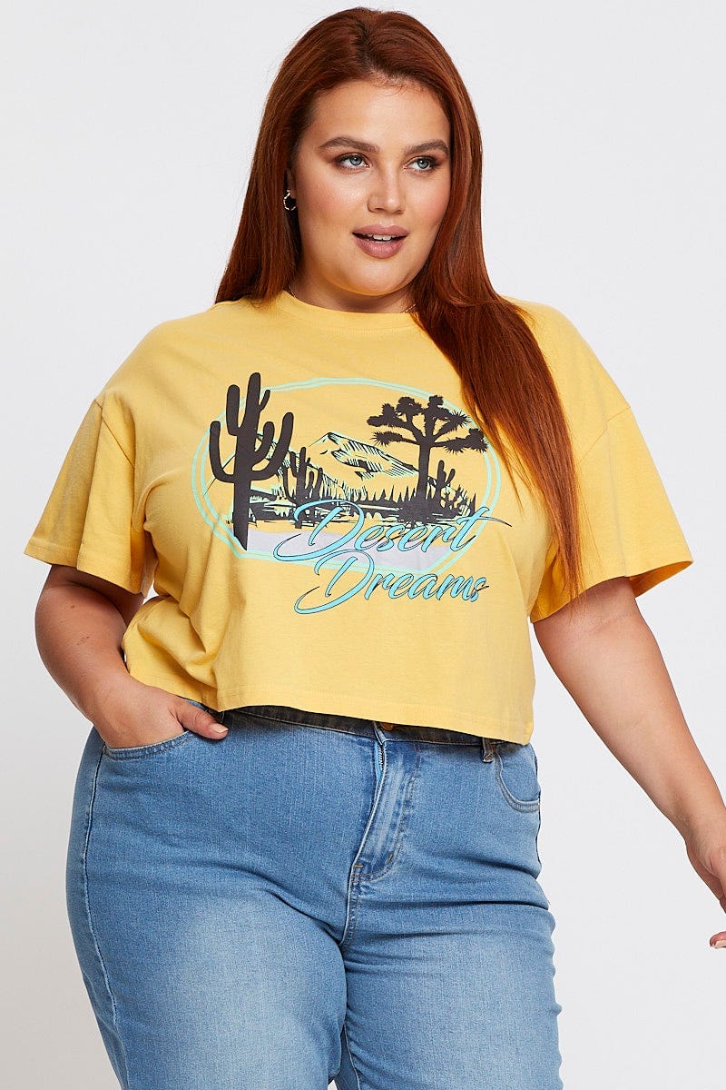 Yellow Short Sleeve Desert Dreams Semi Crop T Shirt For Women By You And All