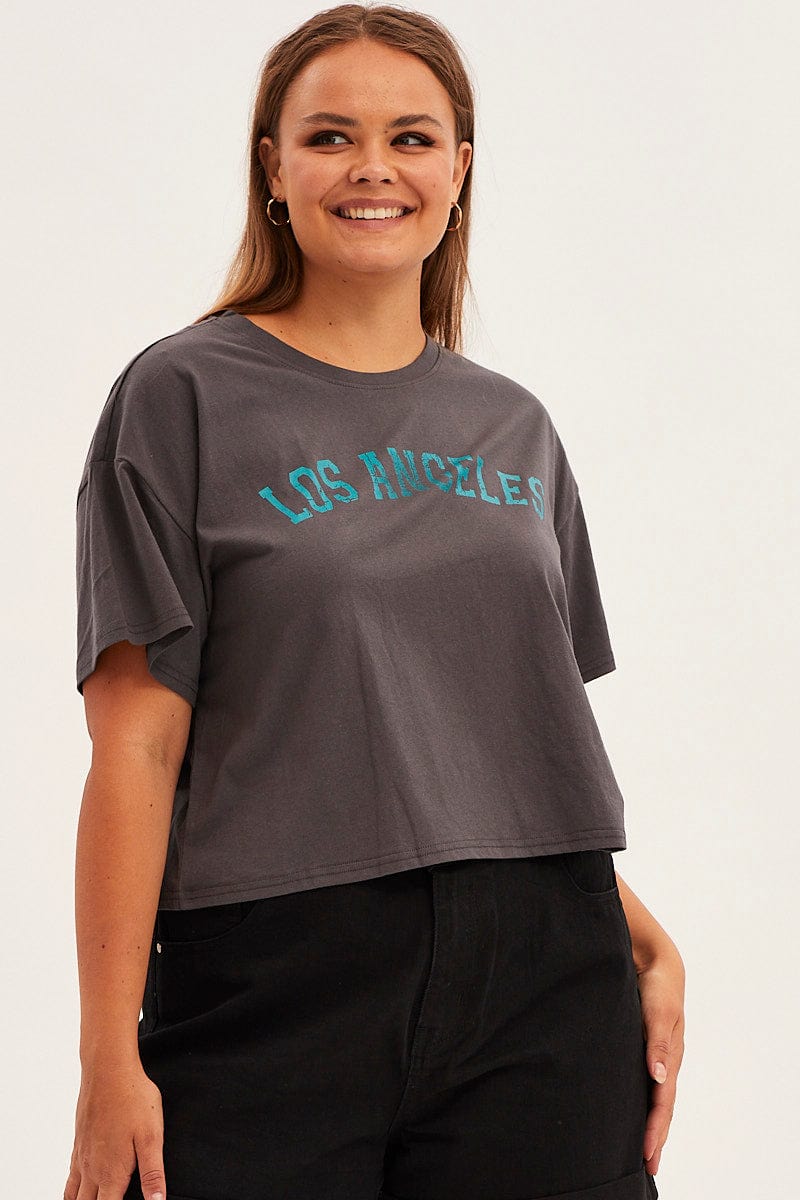 Grey Graphic T-Shirt Los Angeles Print Cotton for YouandAll Fashion