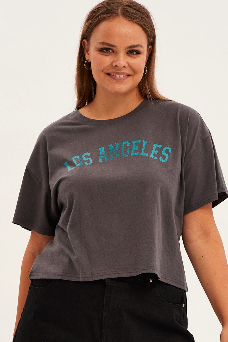Grey Graphic T-Shirt Los Angeles Print Cotton for YouandAll Fashion