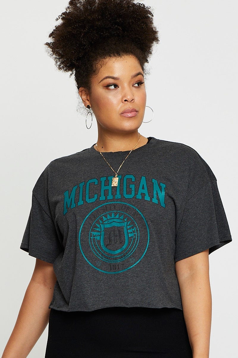 Grey Crop T-Shirt Michigan Short Sleeve Cotton Semi for Women by You and All