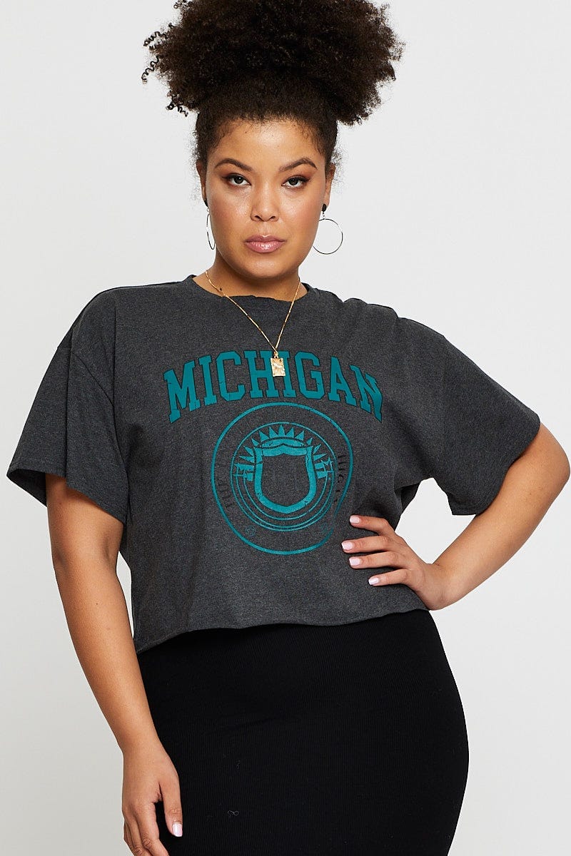 Grey Crop T-Shirt Michigan Short Sleeve Cotton Semi for Women by You and All