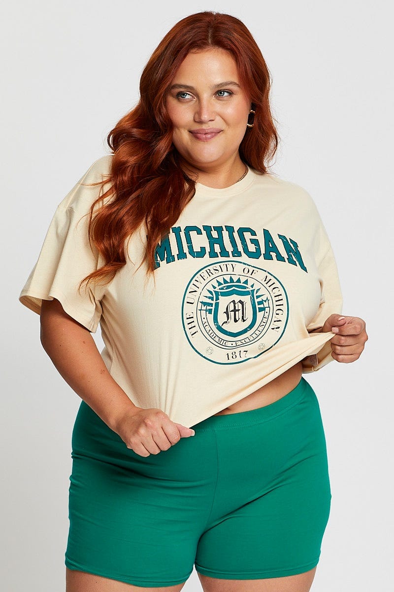 White Crop T-Shirt Michigan Short Sleeve Cotton Semi For Women By You And All