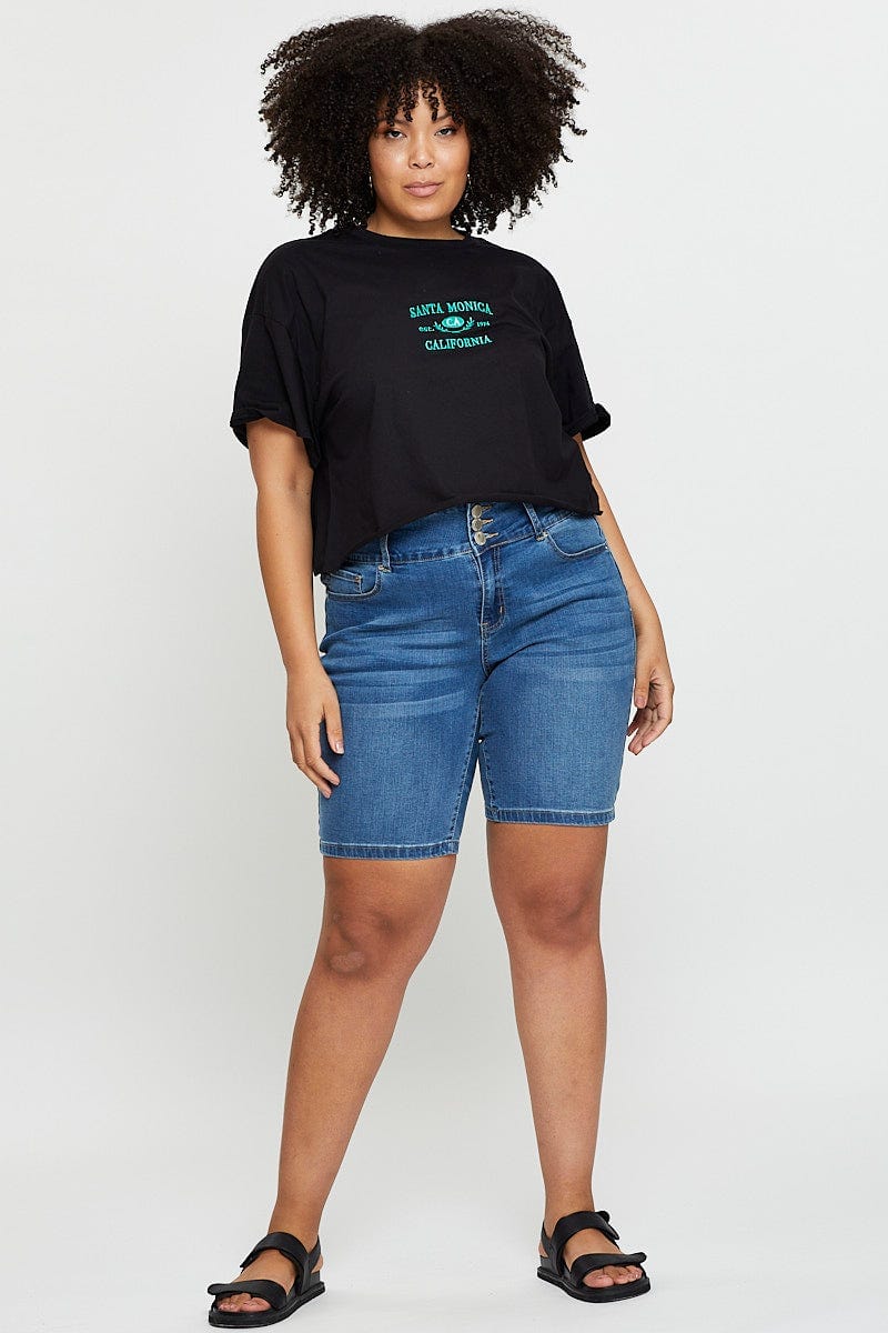 Black Crop T-Shirt Santa Monica Short Sleeve Cotton Semi For Women By You And All