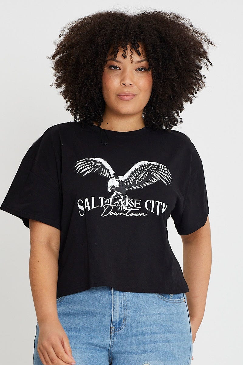 Black Short Sleeve Semi Crop Salt Lake T Shirt For Women By You And All