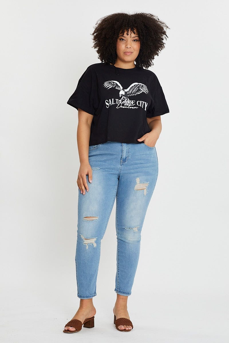 Black Short Sleeve Semi Crop Salt Lake T Shirt For Women By You And All