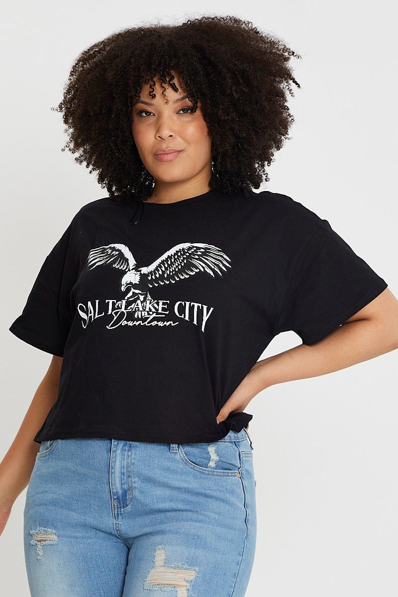 Black Short Sleeve Semi Crop Salt Lake T Shirt For Women By You And All