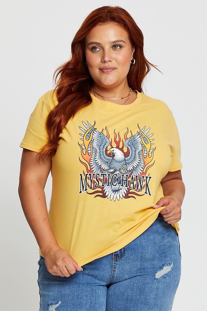 Yellow Graphic T-Shirt Mystic Hawk Short Sleeve Cotton For Women By You And All