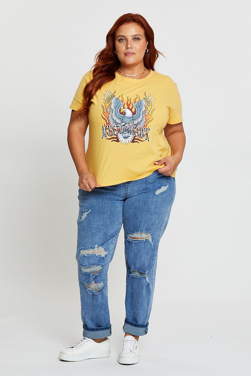 Yellow Graphic T-Shirt Mystic Hawk Short Sleeve Cotton For Women By You And All