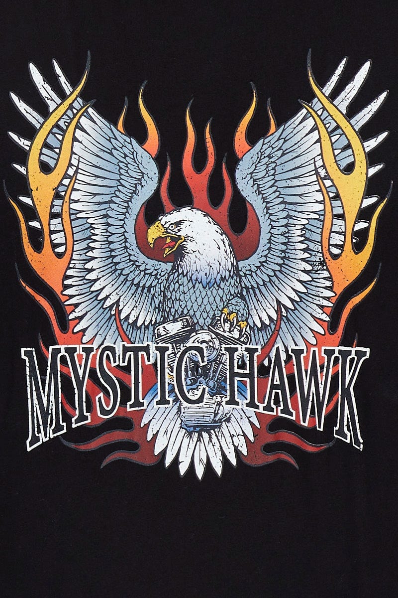Black Graphic T-Shirt Mystic Hawk Short Sleeve Cotton For Women By You And All
