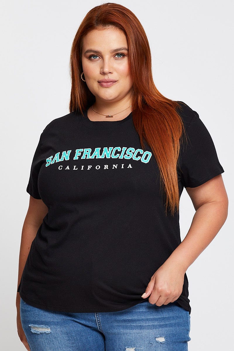 Black Sleeve T-Shirt San Francisco Embroidered Short For Women By You And All