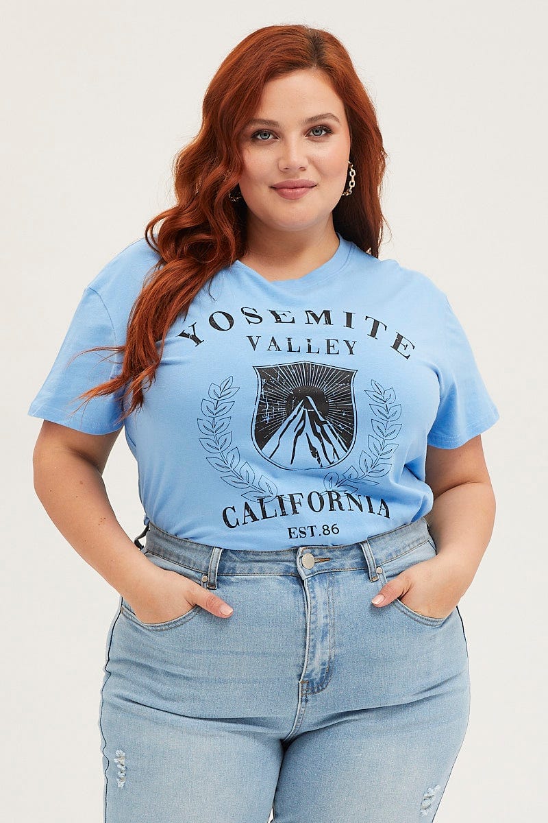 Blue Crop T-Shirt Mountain Short Sleeve Cotton Semi For Women By You And All