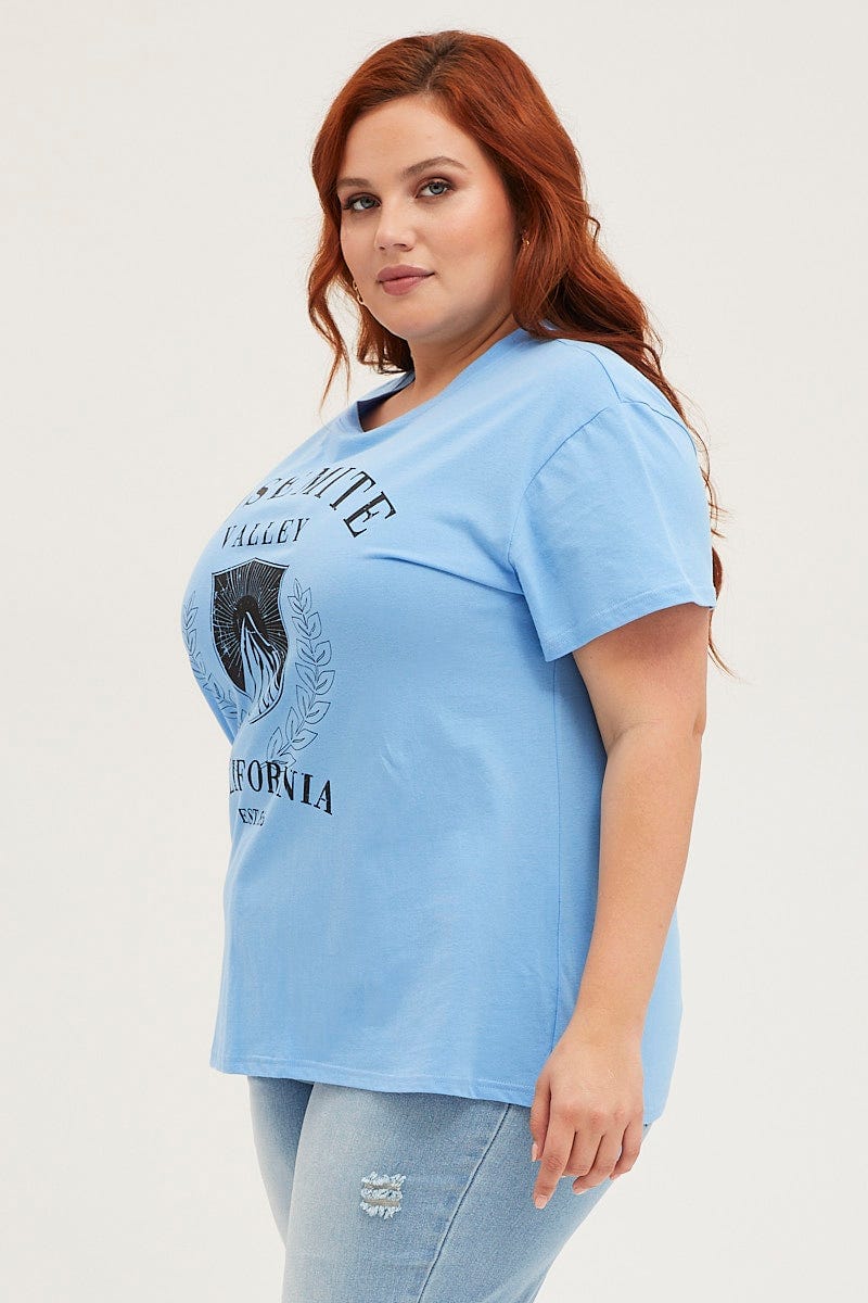 Blue Crop T-Shirt Mountain Short Sleeve Cotton Semi For Women By You And All