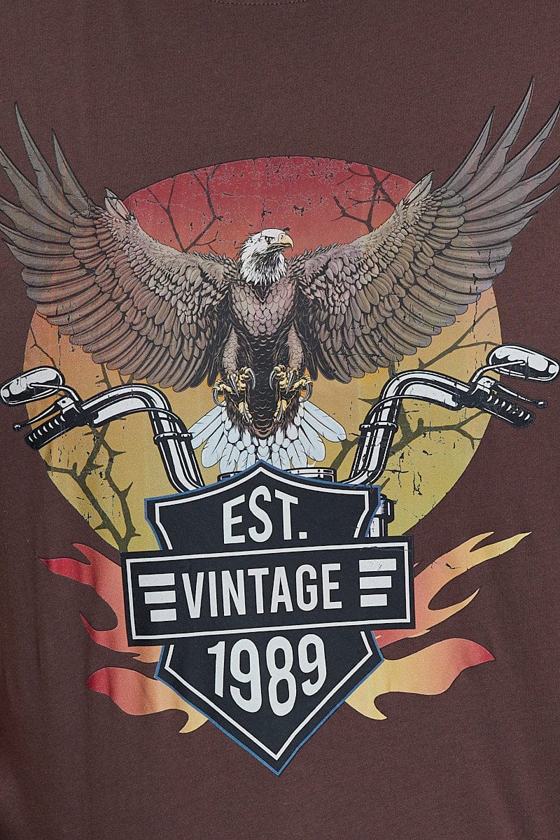 Brown Graphic T-Shirt Eagle 1989 Short Sleeve Cotton