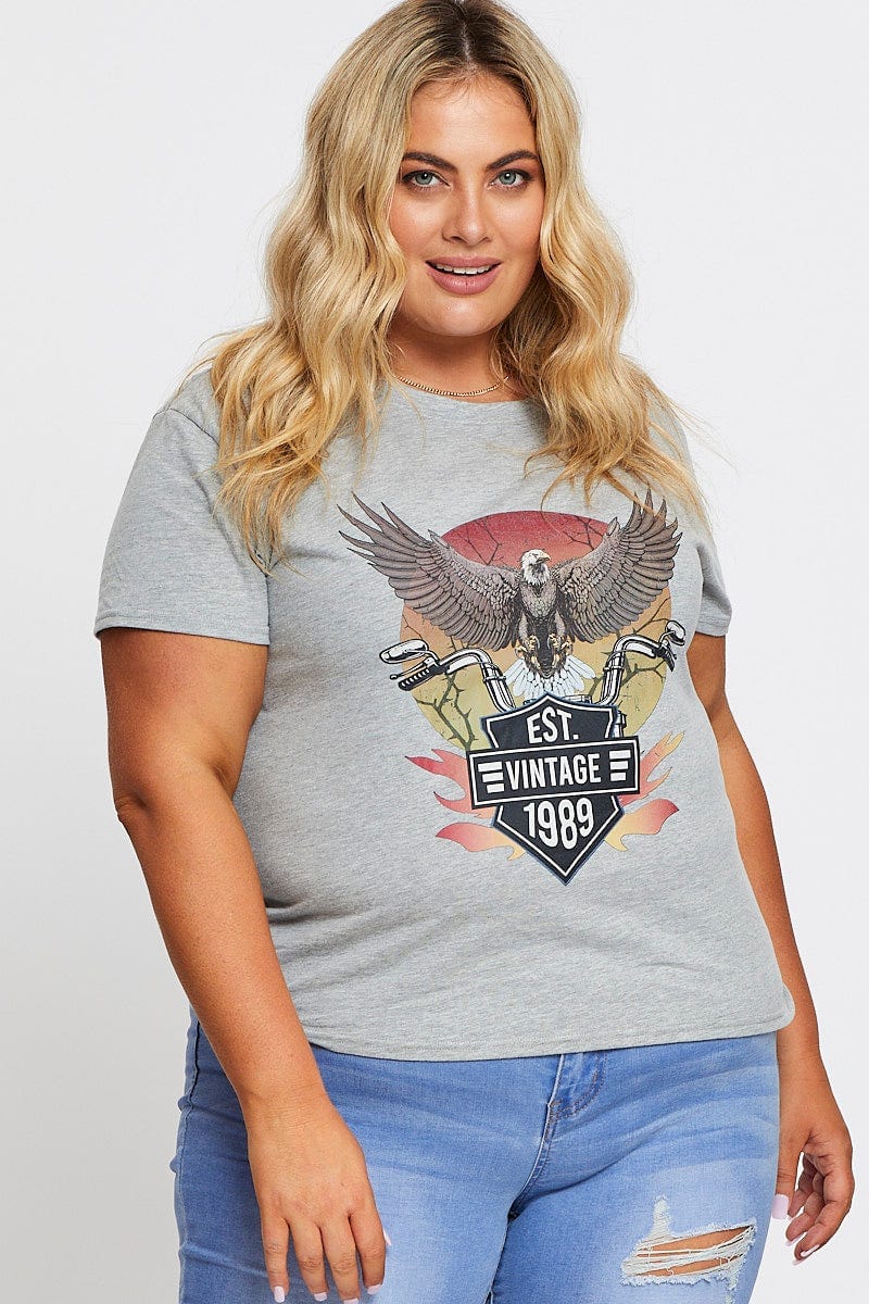 Grey Graphic T-Shirt Eagle 1989 Short Sleeve Cotton For Women By You And All