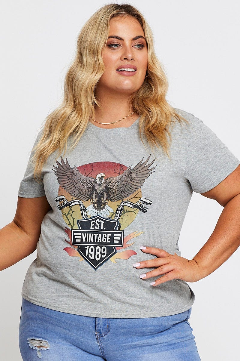 Grey Graphic T-Shirt Eagle 1989 Short Sleeve Cotton For Women By You And All