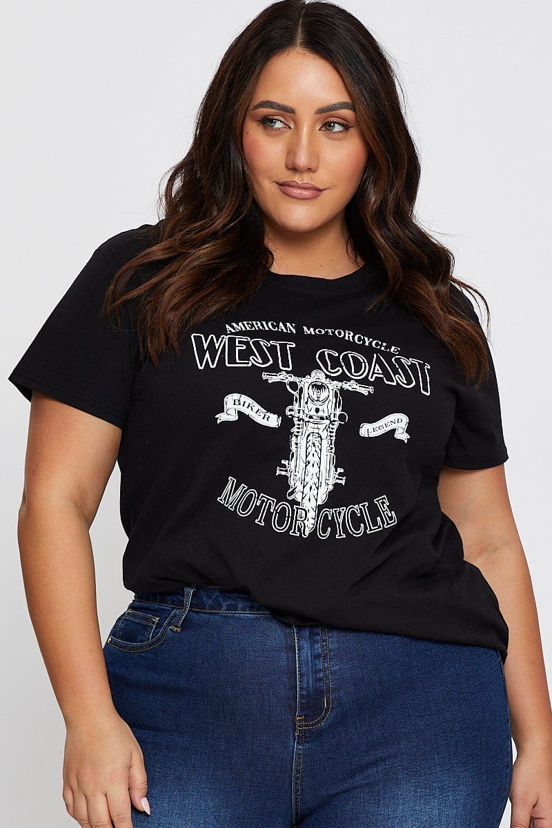 Black Graphic T-Shirt West Coast Short Sleeve Cotton For Women By You And All