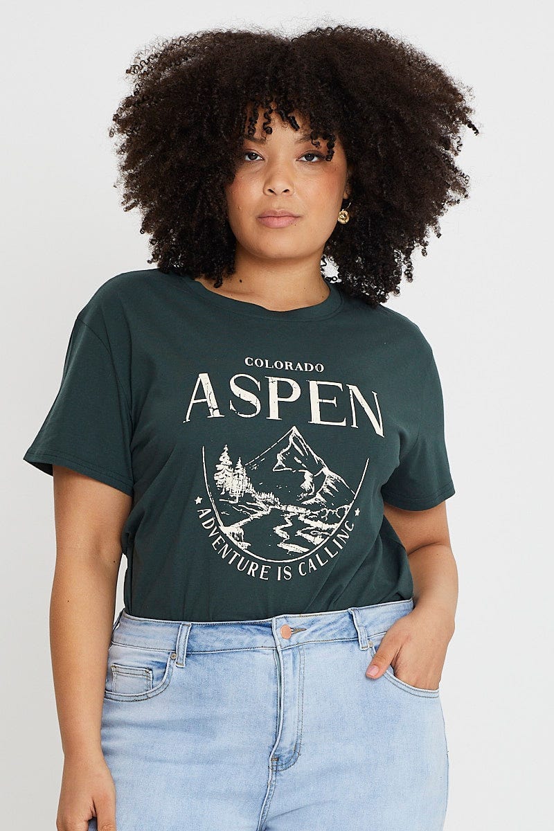 Green Graphic T-Shirt Aspen Short Sleeve Cotton For Women By You And All