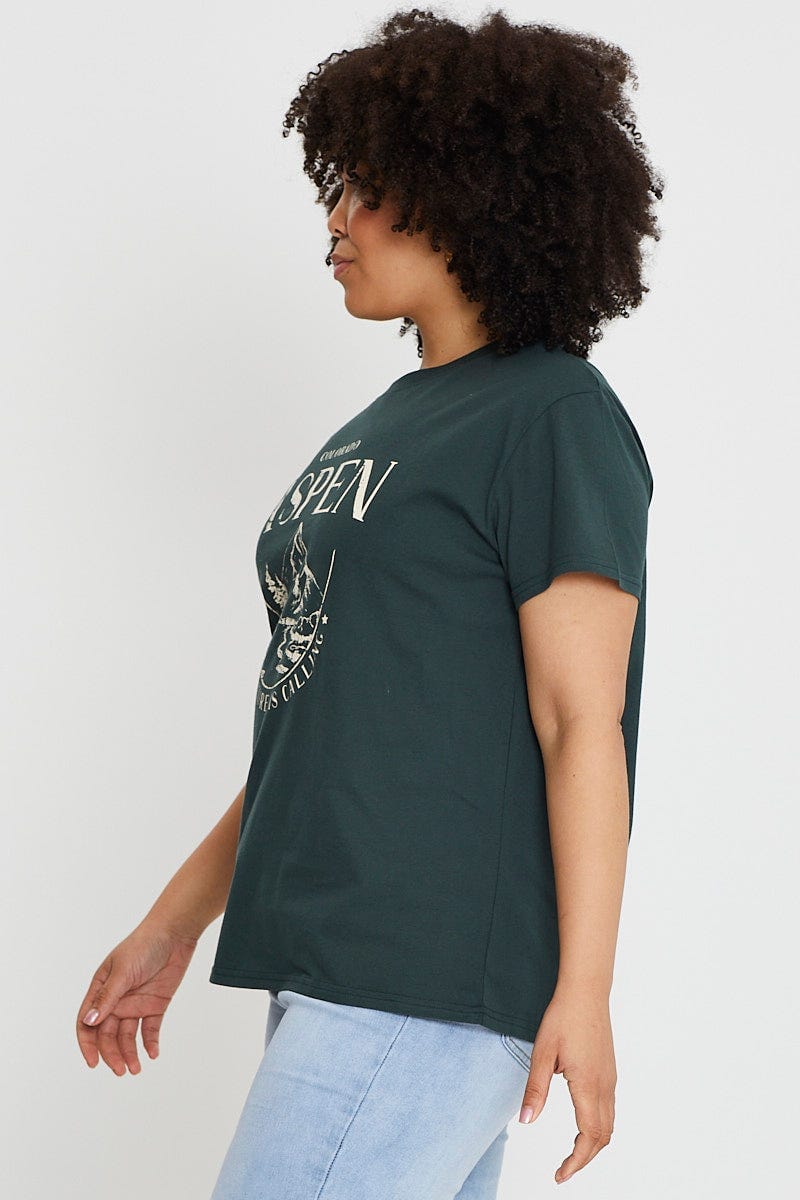 Green Graphic T-Shirt Aspen Short Sleeve Cotton For Women By You And All