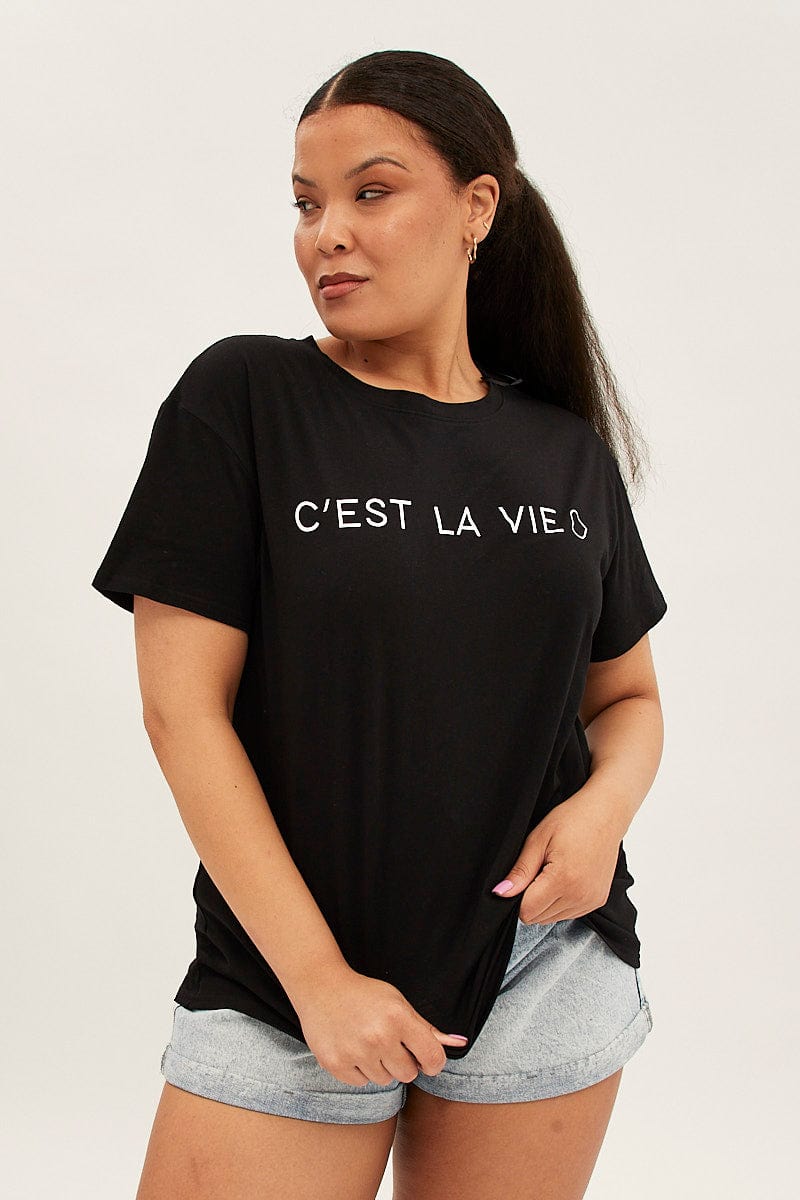 Black Short Sleeve Cest La Vie Regular T Shirt for YouandAll Fashion