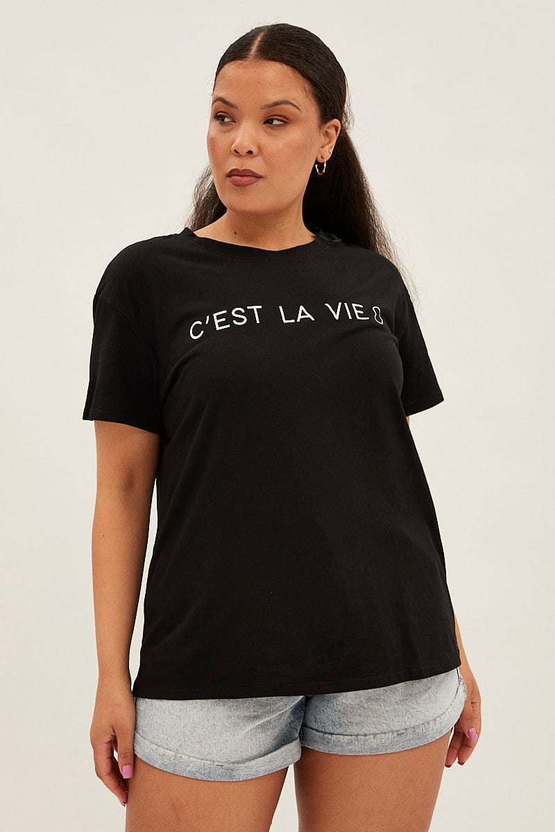 Black Short Sleeve Cest La Vie Regular T Shirt for YouandAll Fashion