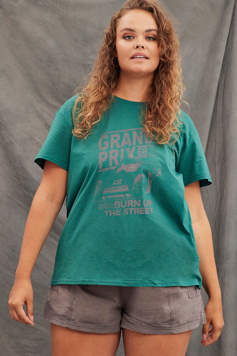 Green Graphic T-Shirt Grand Prix Cotton Jersey for YouandAll Fashion