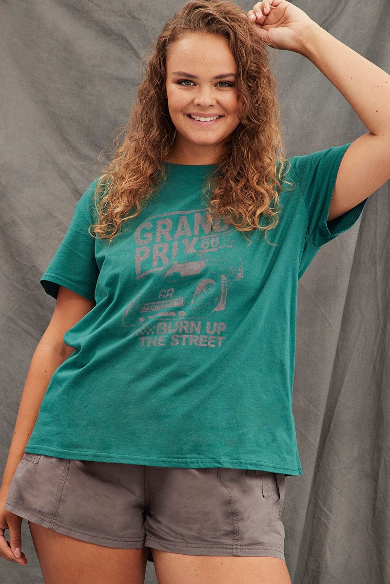 Green Graphic T-Shirt Grand Prix Cotton Jersey for YouandAll Fashion