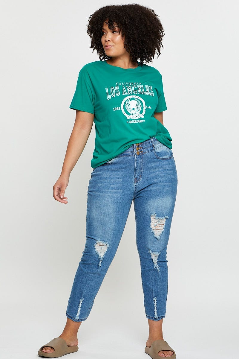 Green Graphic T-Shirt Los Angeles Short Sleeve Cotton For Women By You And All