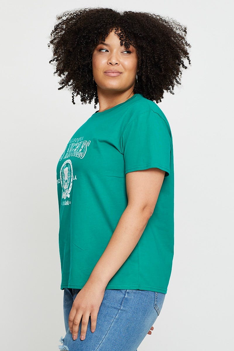 Green Graphic T-Shirt Los Angeles Short Sleeve Cotton For Women By You And All