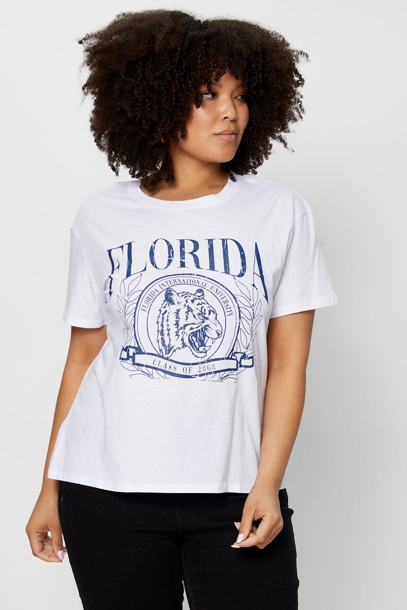 White Graphic T-Shirt Florida Tiger Short Sleeve Cotton For Women By You And All