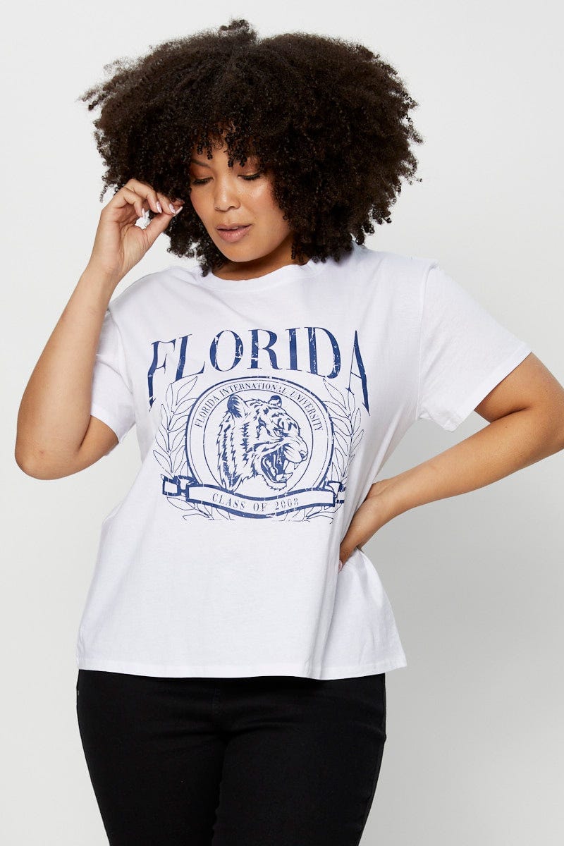 White Graphic T-Shirt Florida Tiger Short Sleeve Cotton For Women By You And All