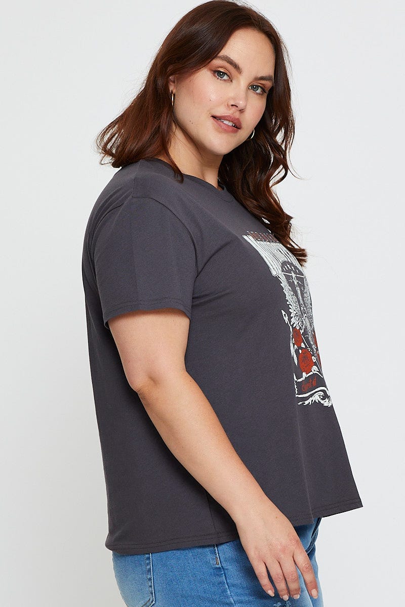 Grey Graphic T-Shirt Motorcycle Short Sleeve Cotton For Women By You And All