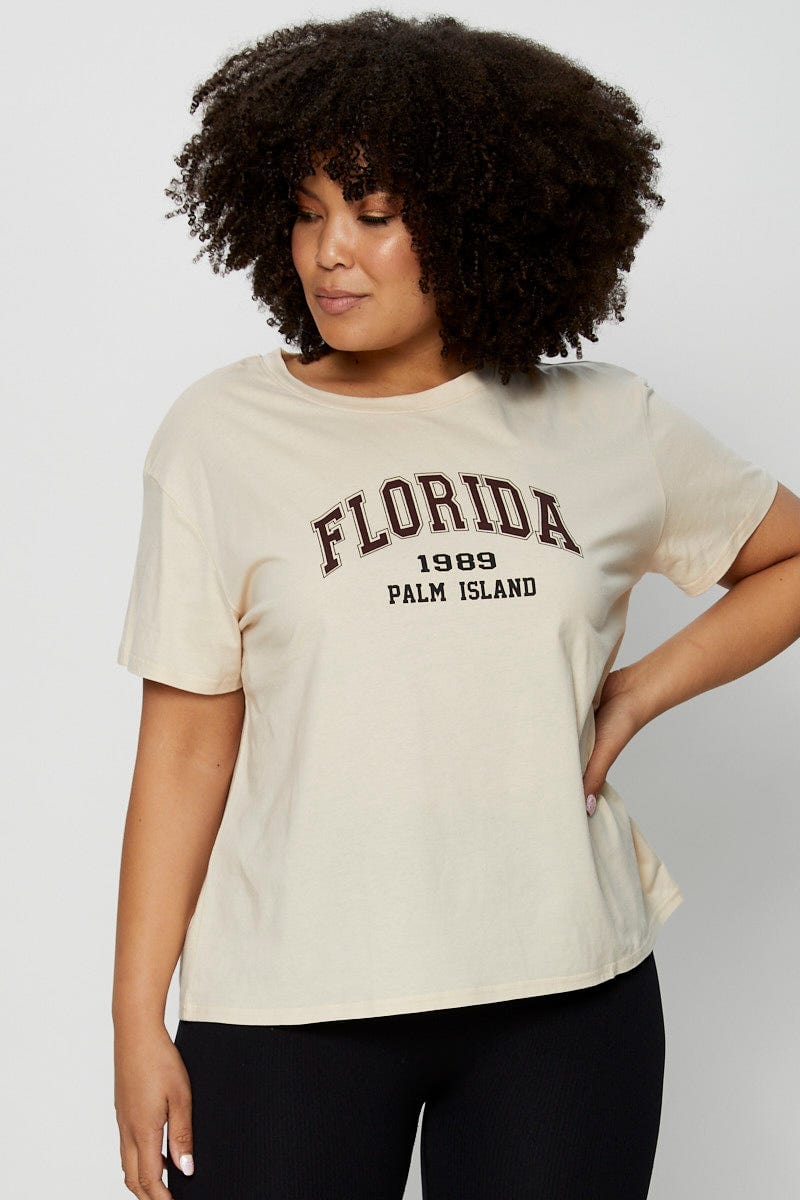 Camel Placement Cotton T-Shirt Florida Embroidered Short Sleeve for Women by You and All