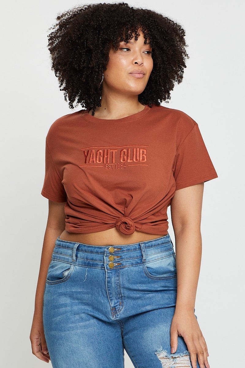 Placement Cotton T-Shirt Yatch Club Embroidered Short Sleeve For Women By You And All