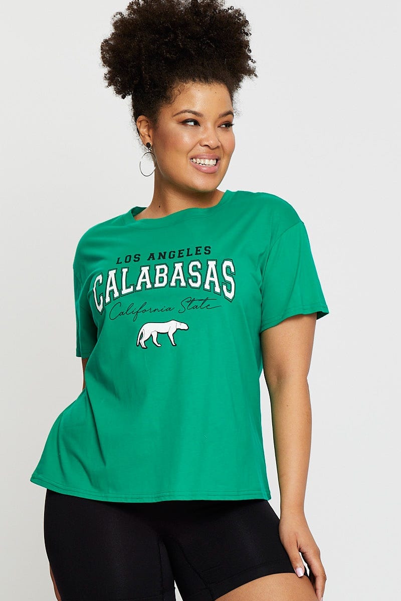 Green Graphic T-Shirt Calabasas Short Sleeve Cotton For Women By You And All