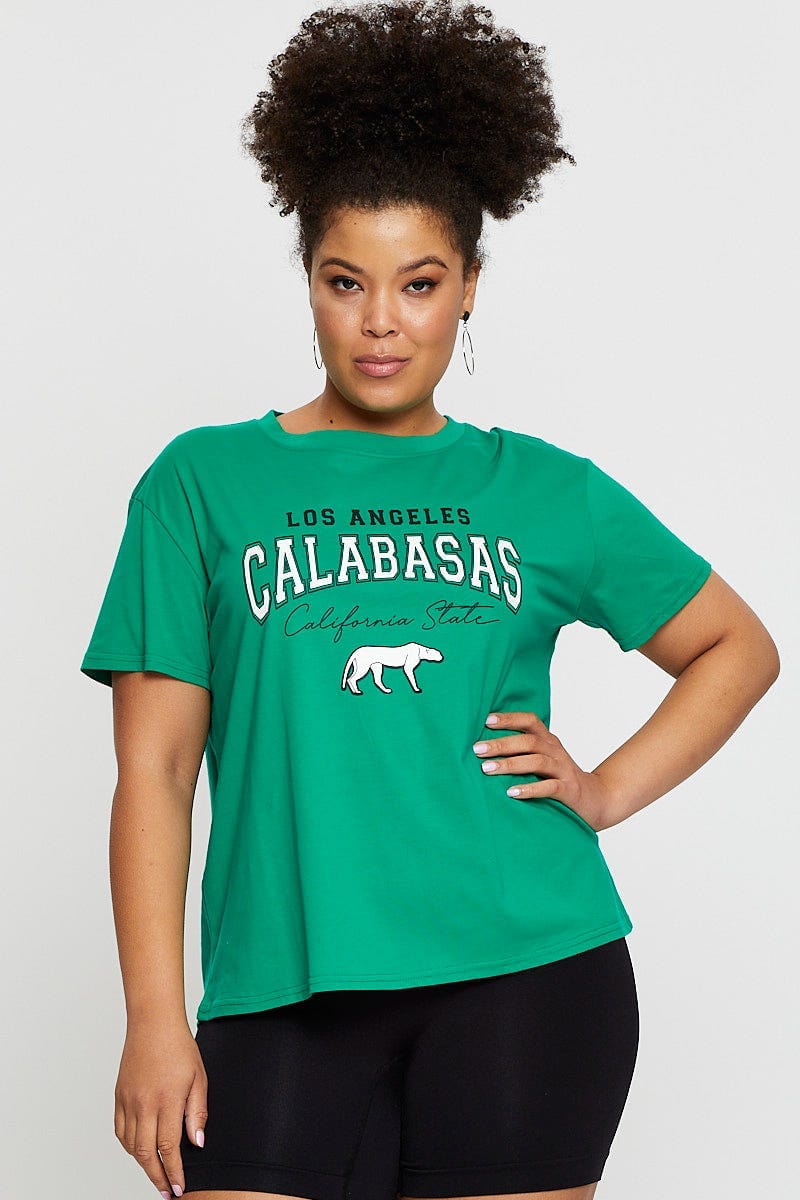 Green Graphic T-Shirt Calabasas Short Sleeve Cotton For Women By You And All