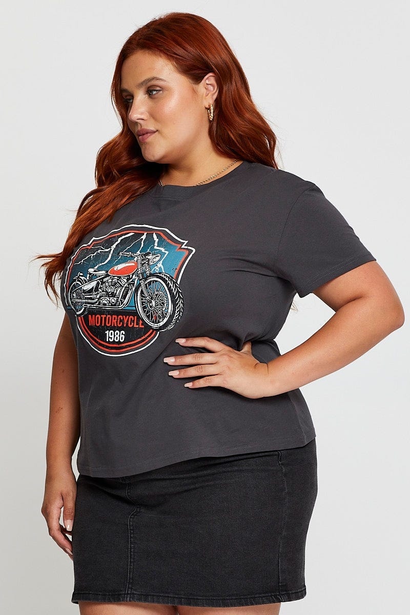 Grey Graphic T-Shirt Motorcycle Short Sleeve Cotton For Women By You And All