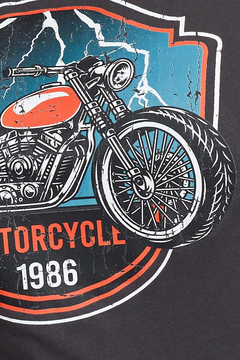 Grey Graphic T-Shirt Motorcycle Short Sleeve Cotton For Women By You And All