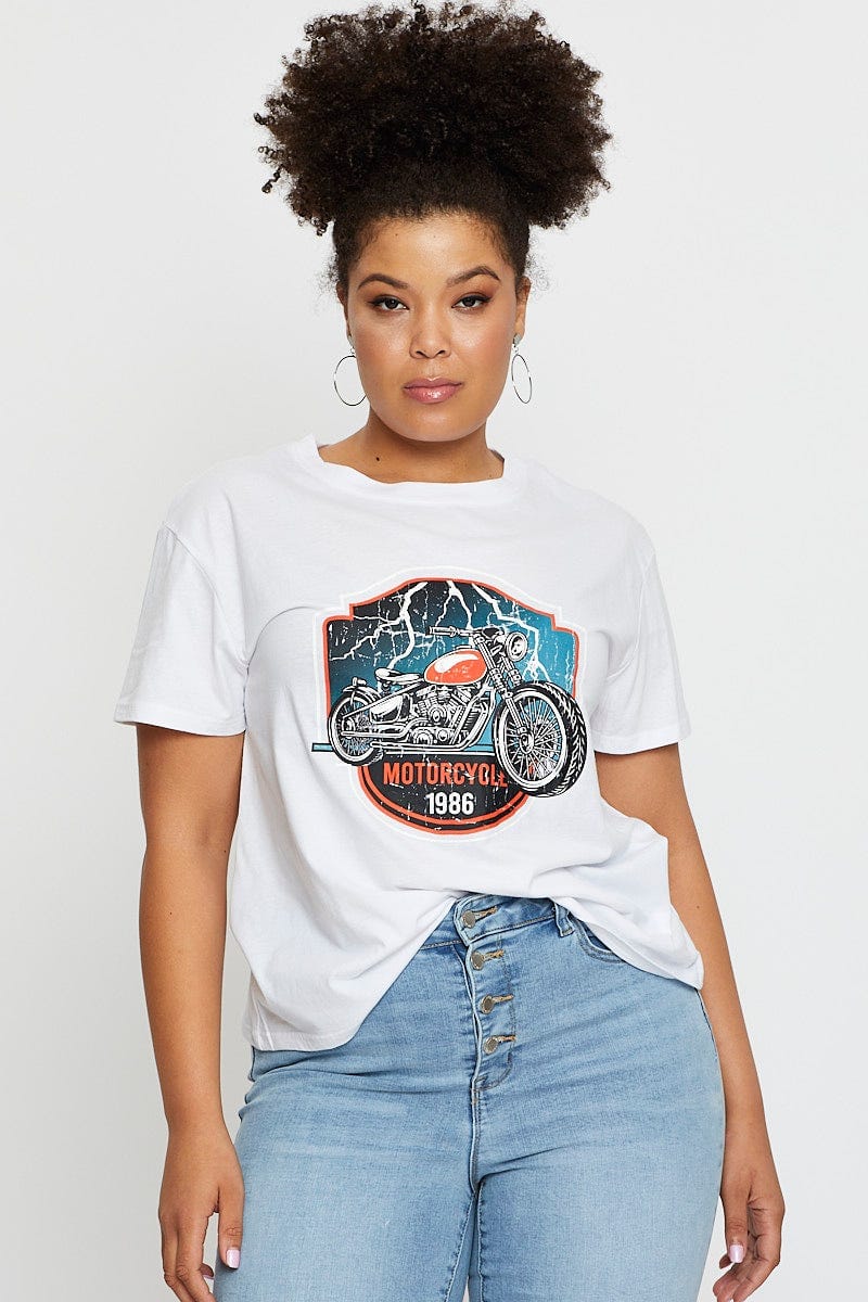 White Graphic T-Shirt Motorcycle Short Sleeve Cotton For Women By You And All