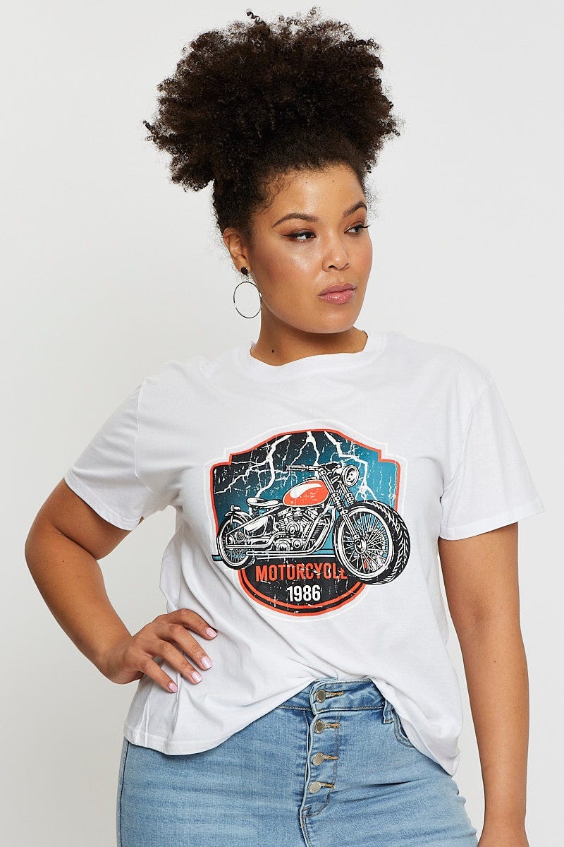 White Graphic T-Shirt Motorcycle Short Sleeve Cotton For Women By You And All