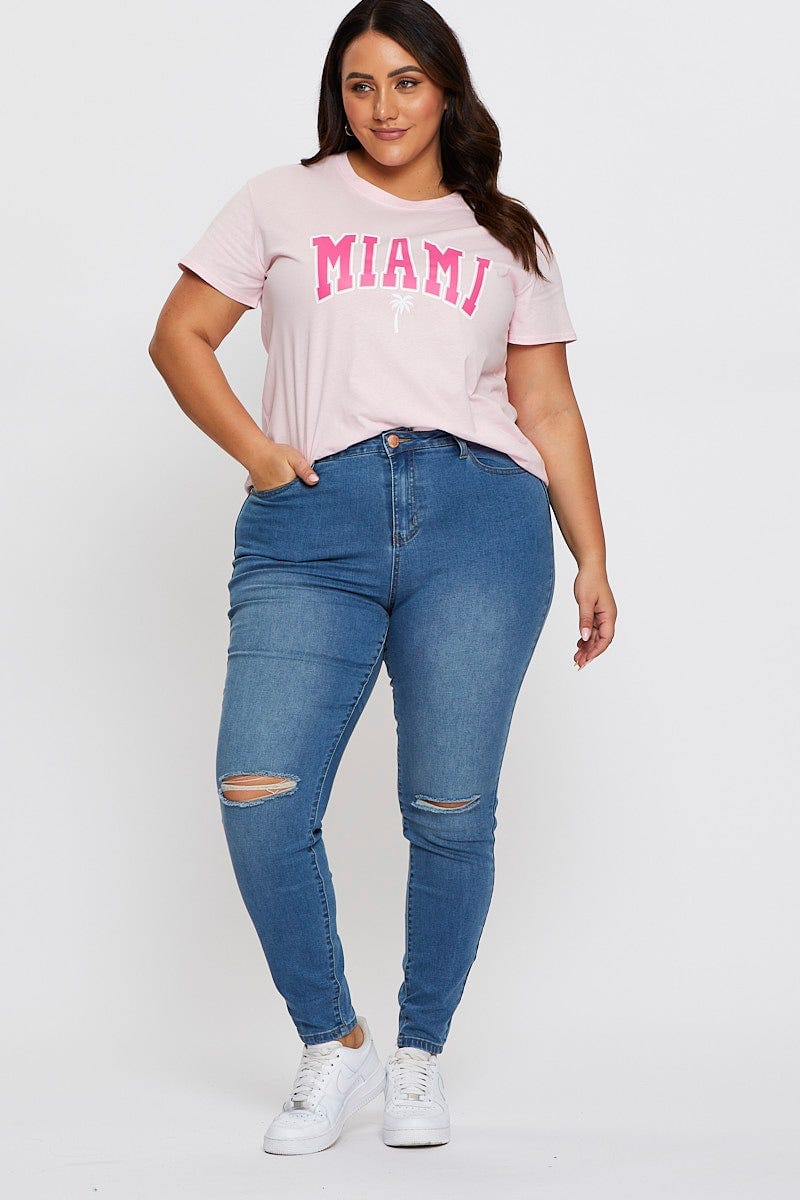 Pink Graphic T-Shirt Miami Short Sleeve Cotton For Women By You And All