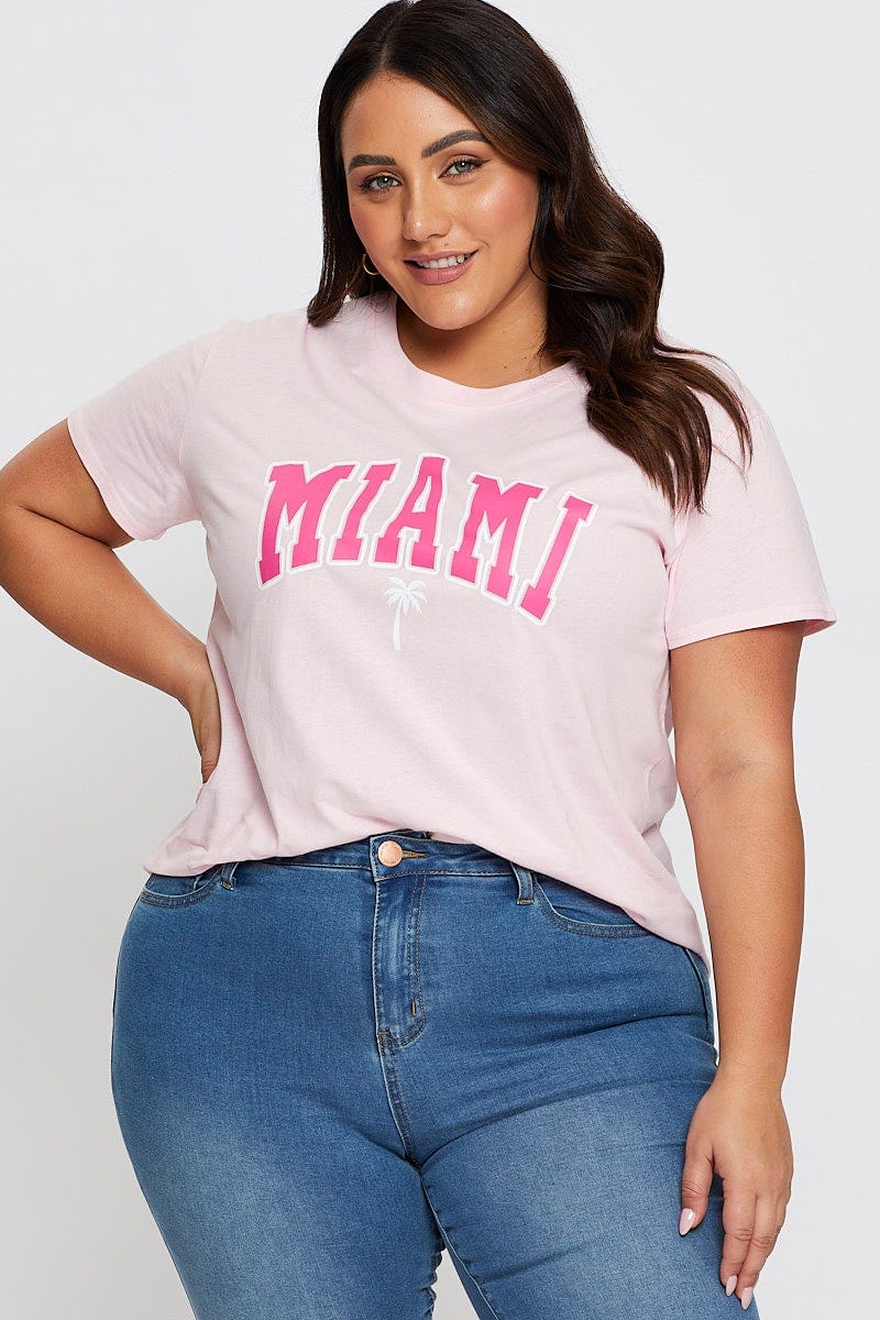 Pink Graphic T-Shirt Miami Short Sleeve Cotton For Women By You And All