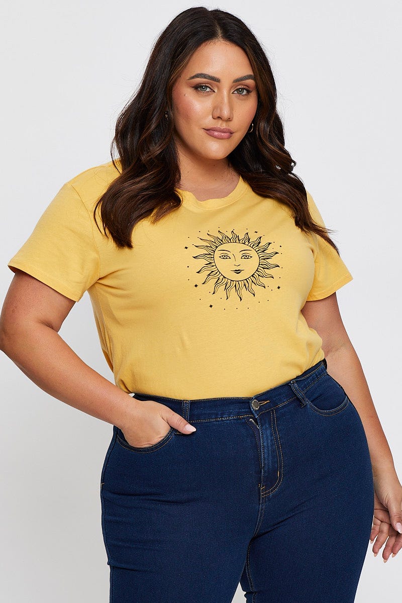 Yellow Graphic T-Shirt Radiant Sun Short Sleeve Cotton For Women By You And All