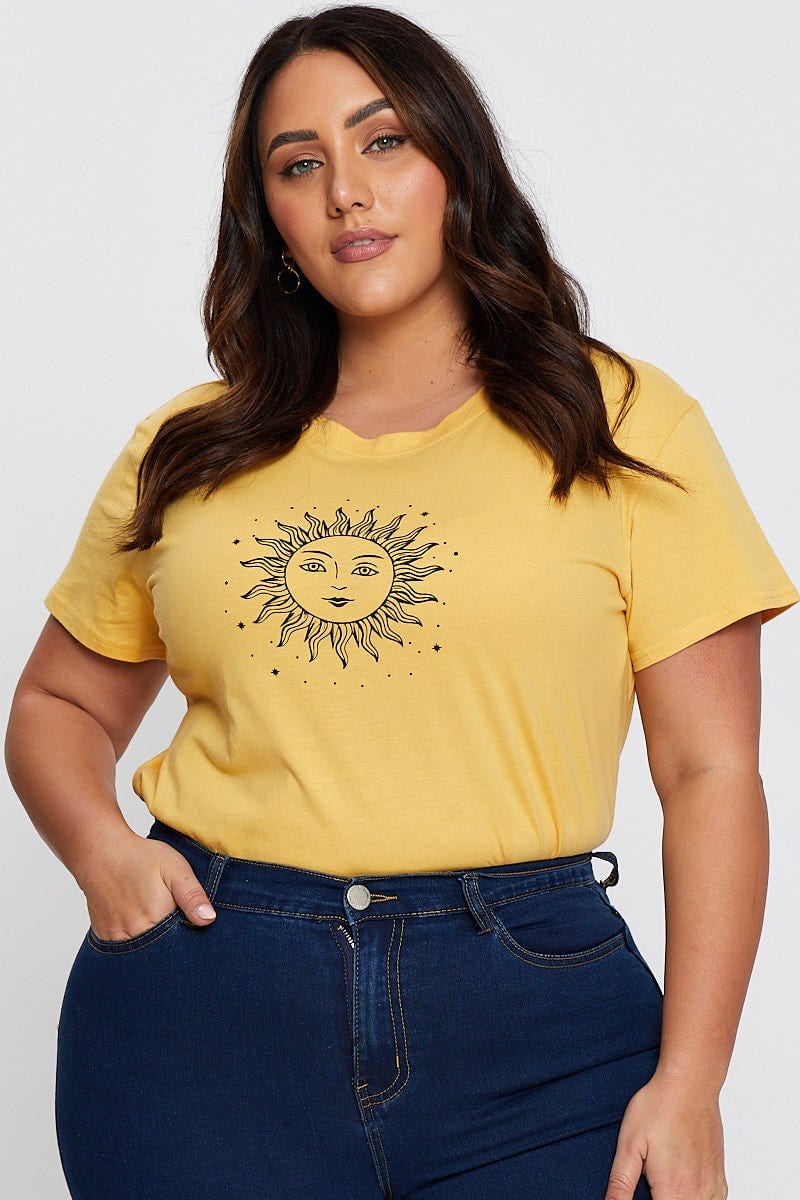 Yellow Graphic T-Shirt Radiant Sun Short Sleeve Cotton For Women By You And All