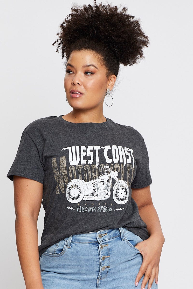 Grey Graphic T-Shirt West Coast Short Sleeve Cotton For Women By You And All